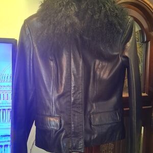 bebe Black Leather Jacket with Plush Collar